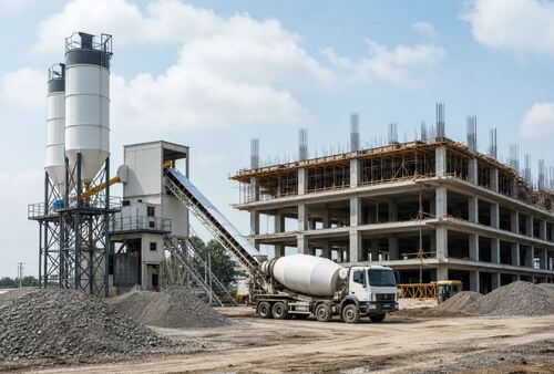 Temporary illustrative image of a concrete batching plant serving building construction