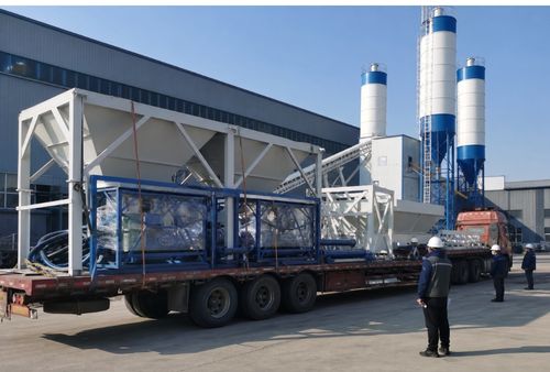 Temporary illustrative image of concrete batching plant equipment prepared for factory dispatch