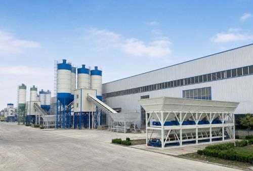 Temporary illustrative image of concrete batching plant component assembly in a factory