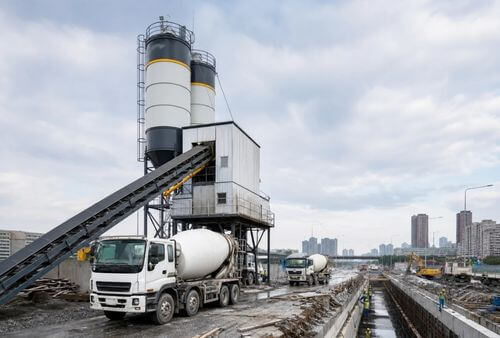 Temporary illustrative image of a concrete batching plant serving municipal construction