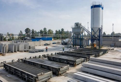 Temporary illustrative image of a concrete batching plant serving precast concrete production