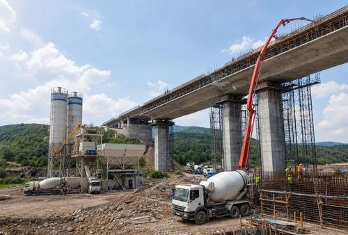 Temporary illustrative image of a concrete batching plant serving road and bridge construction