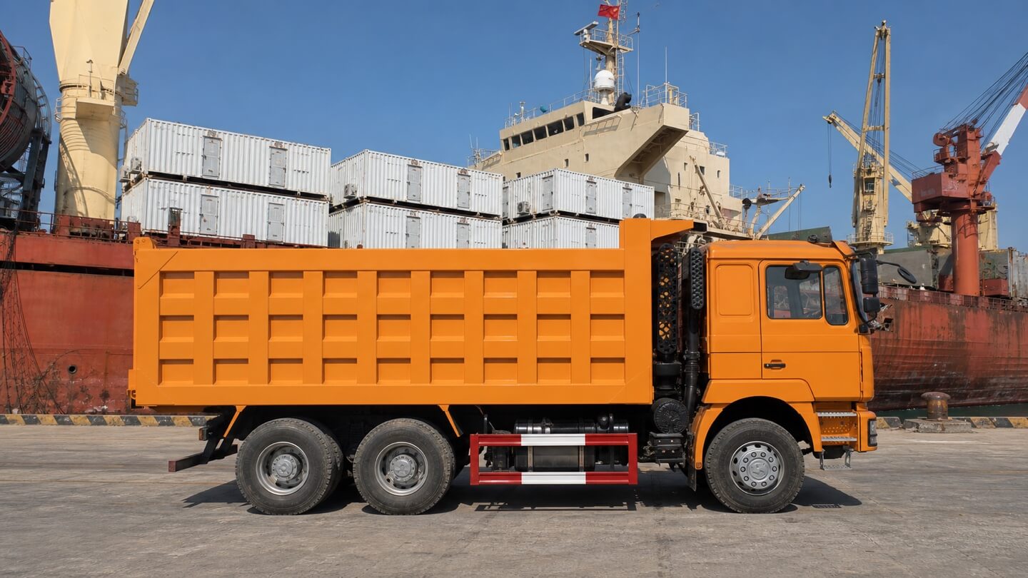 SHACMAN F3000 dump truck parked at export port