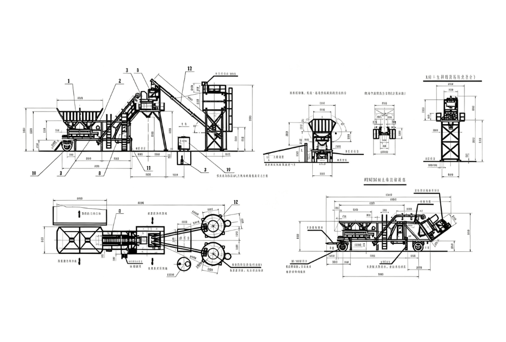 YHZS mobile concrete batching plant technical layout drawing with dimensions and equipment placement