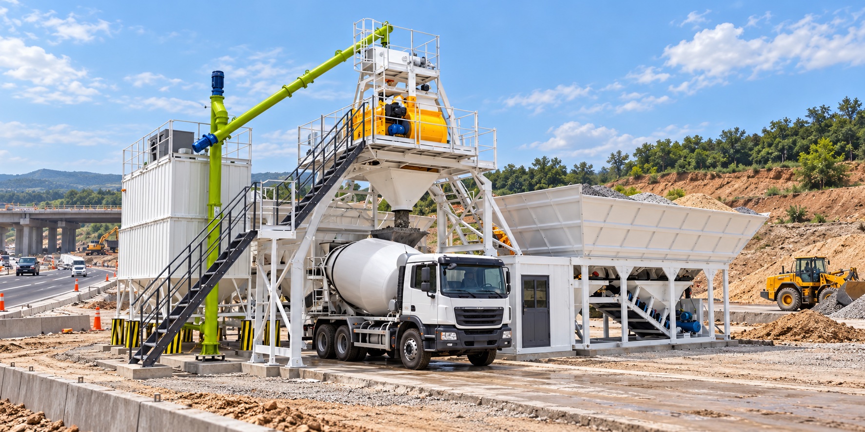 AI illustration of a concrete batching plant at a road construction site