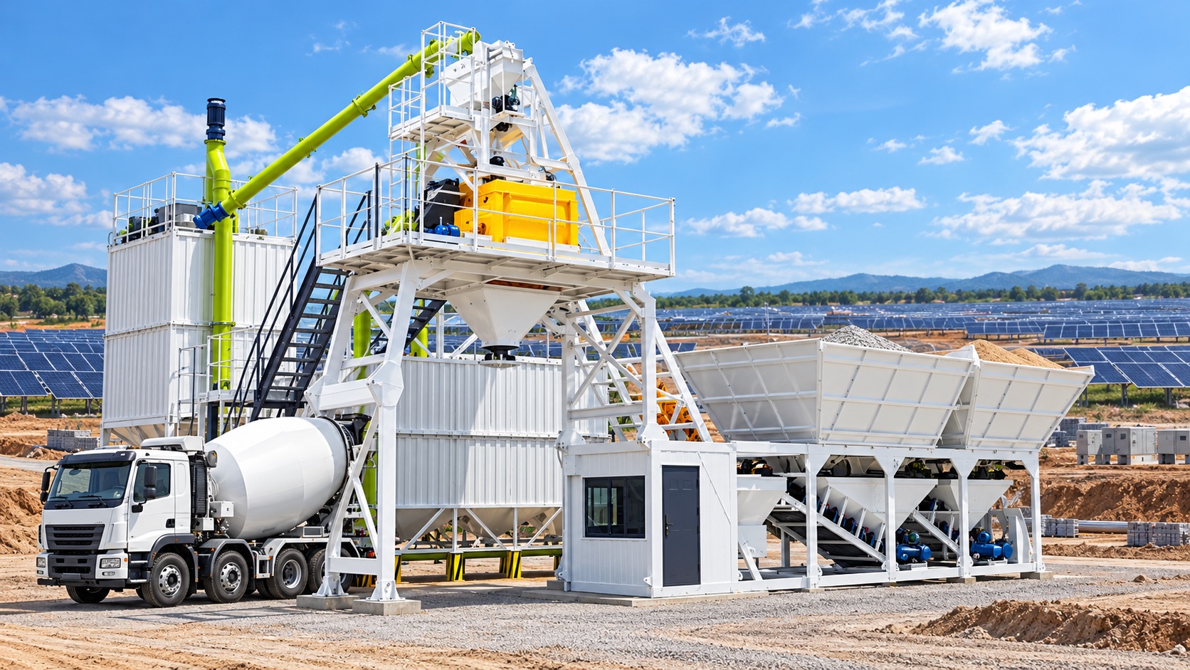 AI illustration of a concrete batching plant at a solar construction site